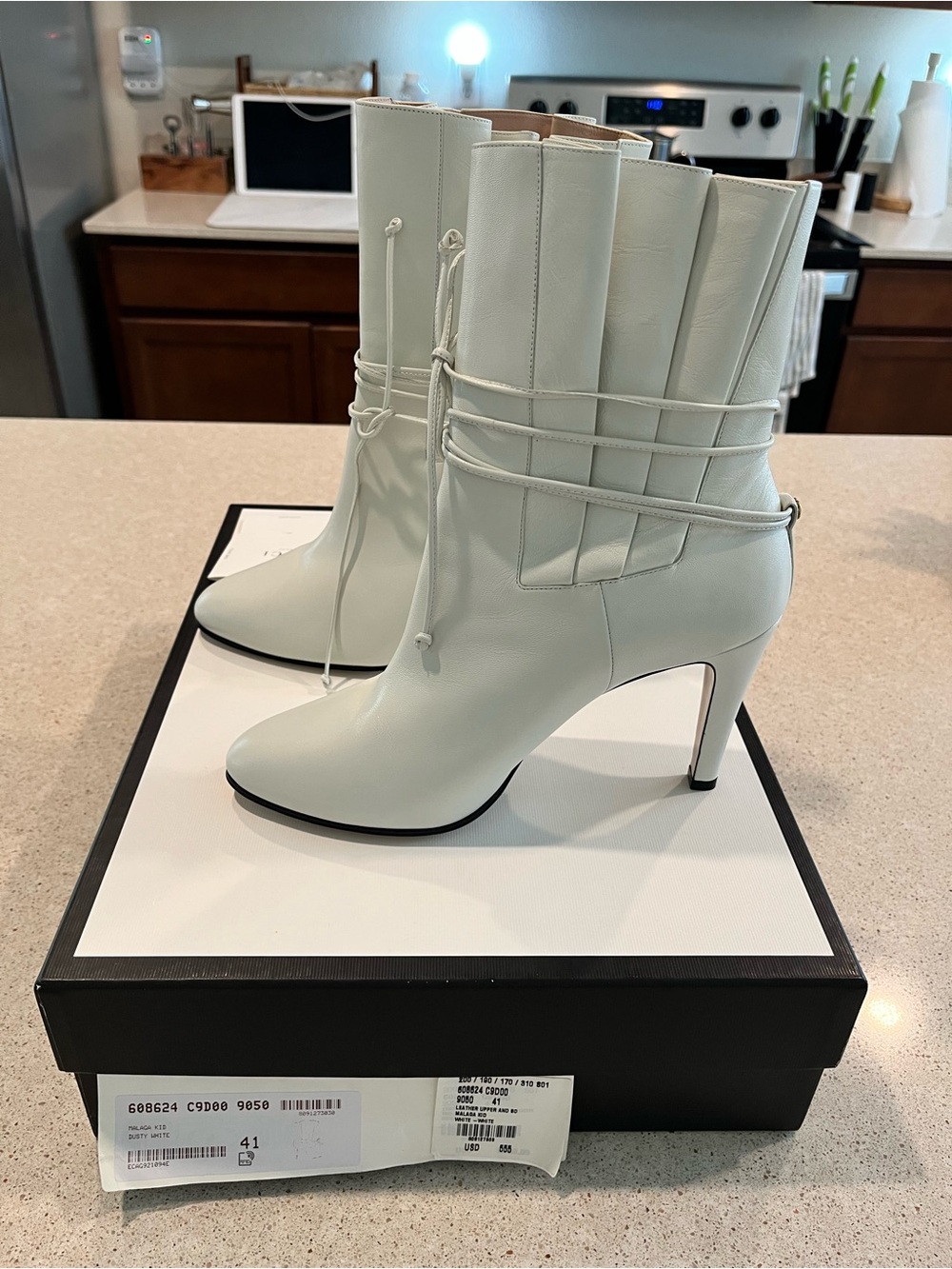 Gucci White Leather Wrap-Tie Mid-Calf Stiletto Boots